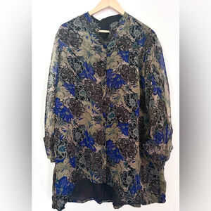 Floral Blue and Black Women's Top Blouse